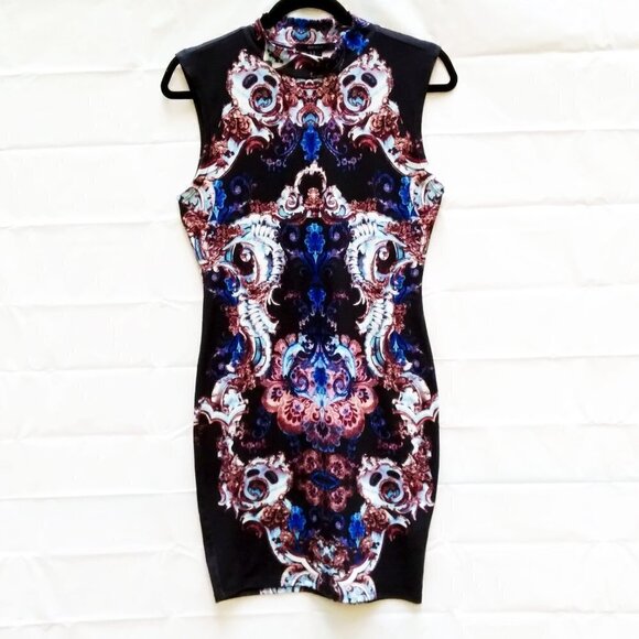 Forever21  Mock Neck  Bodycon  Baroque  Print Stretch Tee Shirt Mini Dress SizeM - Picture 1 of 5